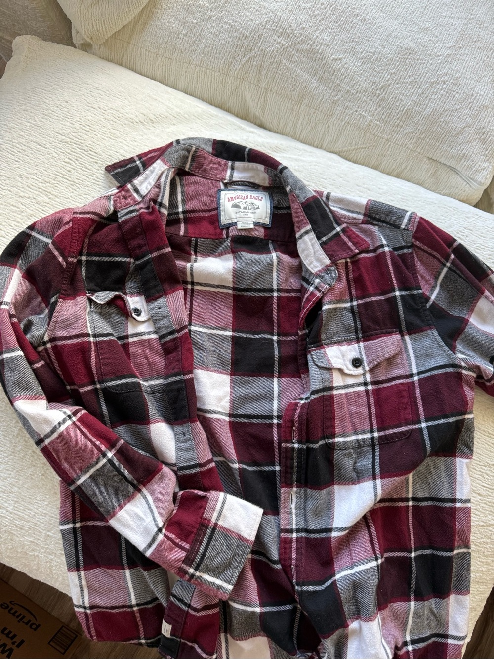 American Eagle Outfitters Men's Burgundy, Black & White Plaid Button-Down Shirt
